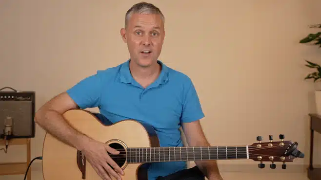 Patrick O'Malley demonstrating Piedmont Blues fingerpicking on acoustic guitar