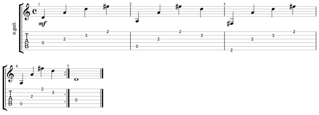 travis picking in D - guitar tab - example 4