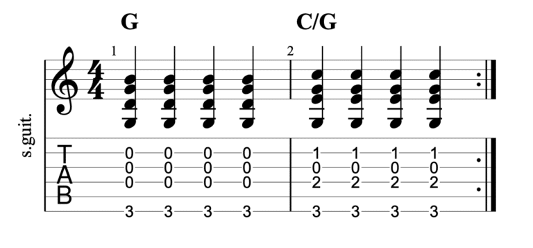 Guitar fingerpicking chords - C/G example 1 strumming pattern