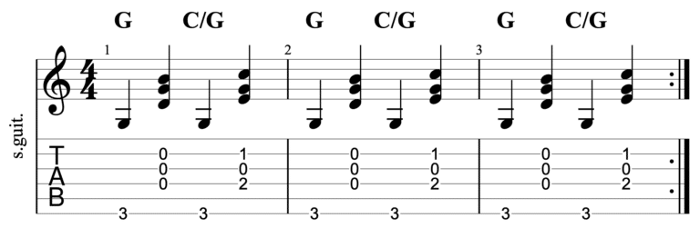 Guitar fingerpicking chords - example 2 - C/G strumming pattern with bass