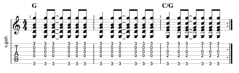 Guitar fingerpicking chords - example 3 - C/G strumming pattern