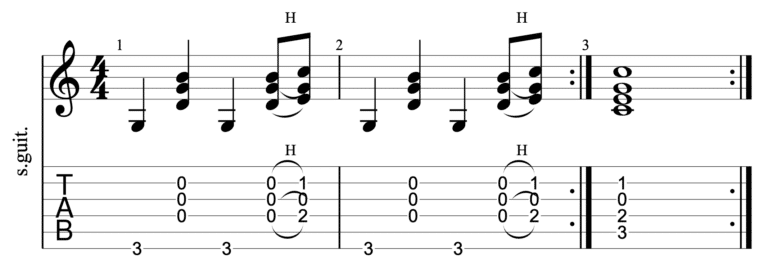 Guitar fingerpicking chords - example 4 - C/G picking with hammer-ons