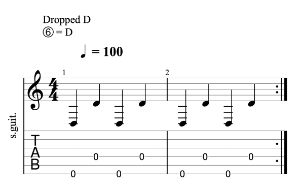 Drop D Tuning fingerpicking exercise 1 – basic alternating bass pattern.