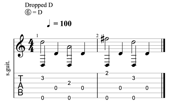 Drop D Tuning exercise 2 – alternating bass with simple fretted melody.